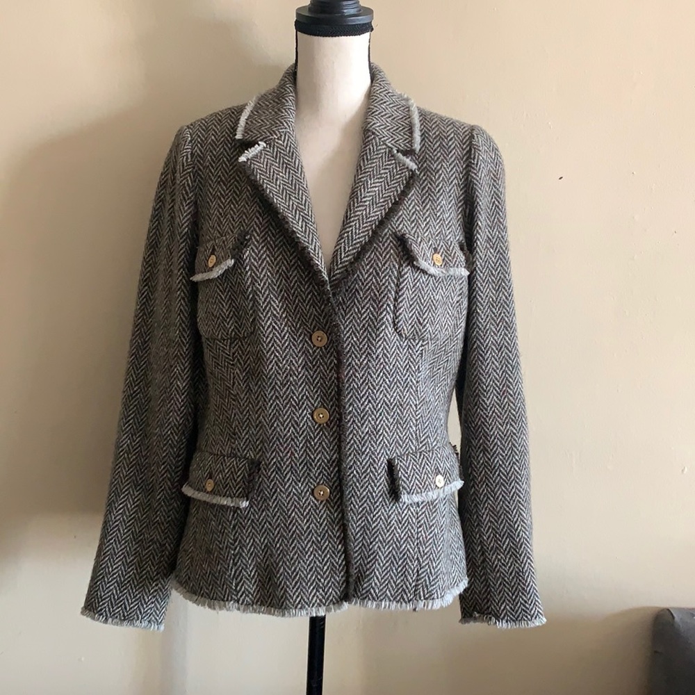 J. McLaughlin Brown & Cream Herringbone Tweed Blazer with Fringe Trim